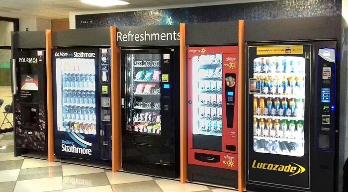 Tips for upselling items in vending machines A row of vending machines encourages complementary food pairing. One tip for upselling items in the unattended machine market.